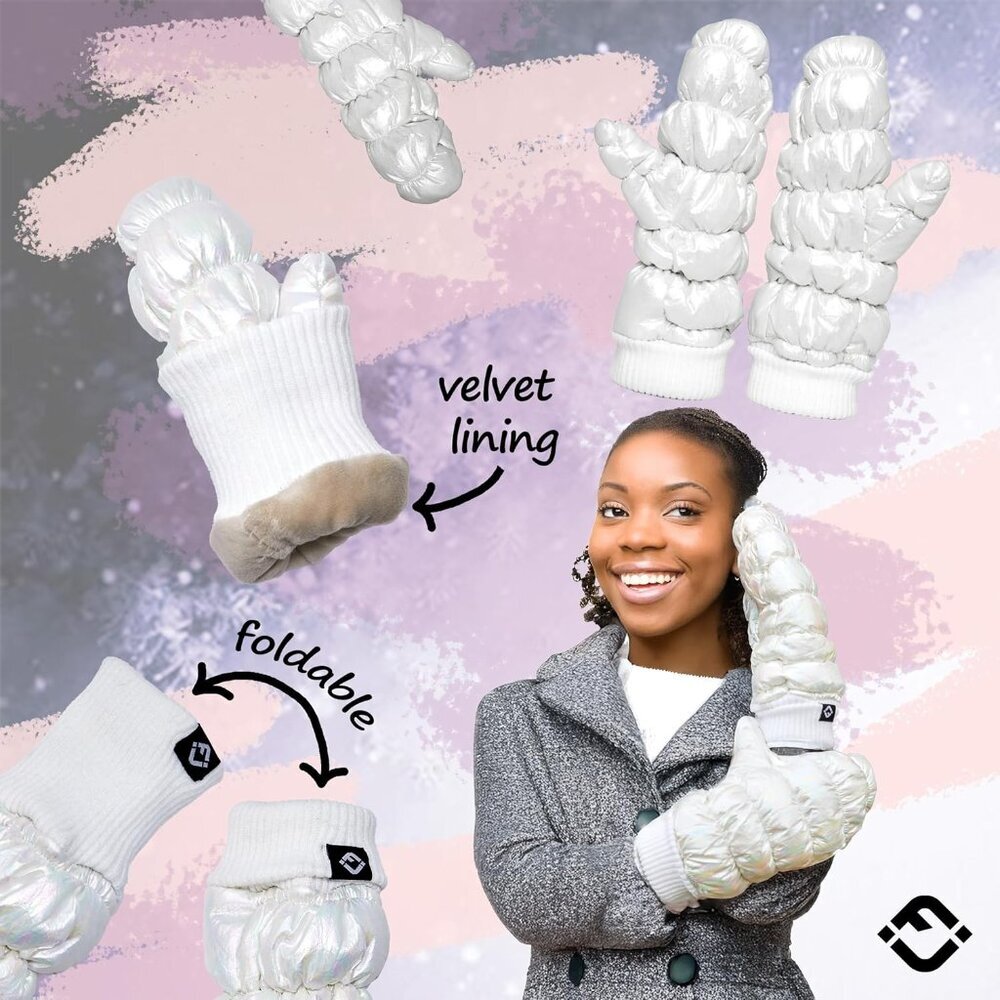 Women's Fleece Lined Puffer Mittens Gloves Metallic Knit Cuff Cold Weather - Picture 2 of 9